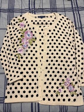 Talbots Cream Black Polka Dot Floral Embroidered Twin Set